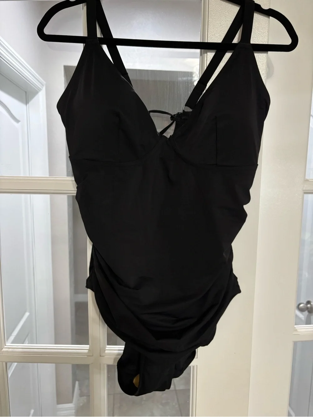 NEW Shapellx Black Ruched Lace-Up Back Shaping Swimsuit NWOT Size: XL